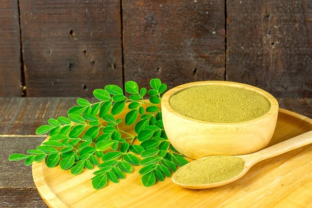 Un bol contenant du moringa en poudre, une cuillère et une branche de moringa